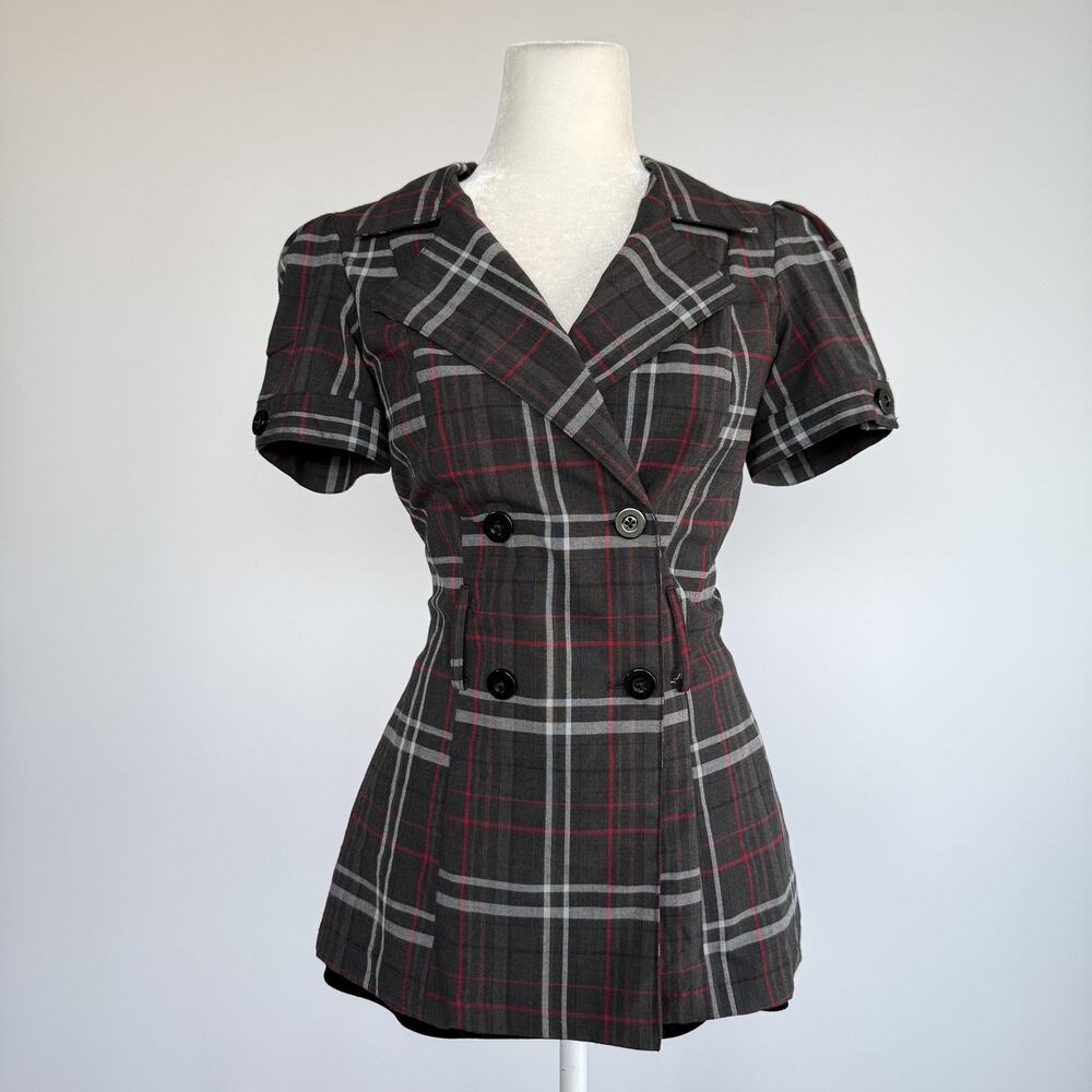 Wrapper Blazer Jacket Womens M Gray Plaid Double Breasted Short Sleeve Fitted